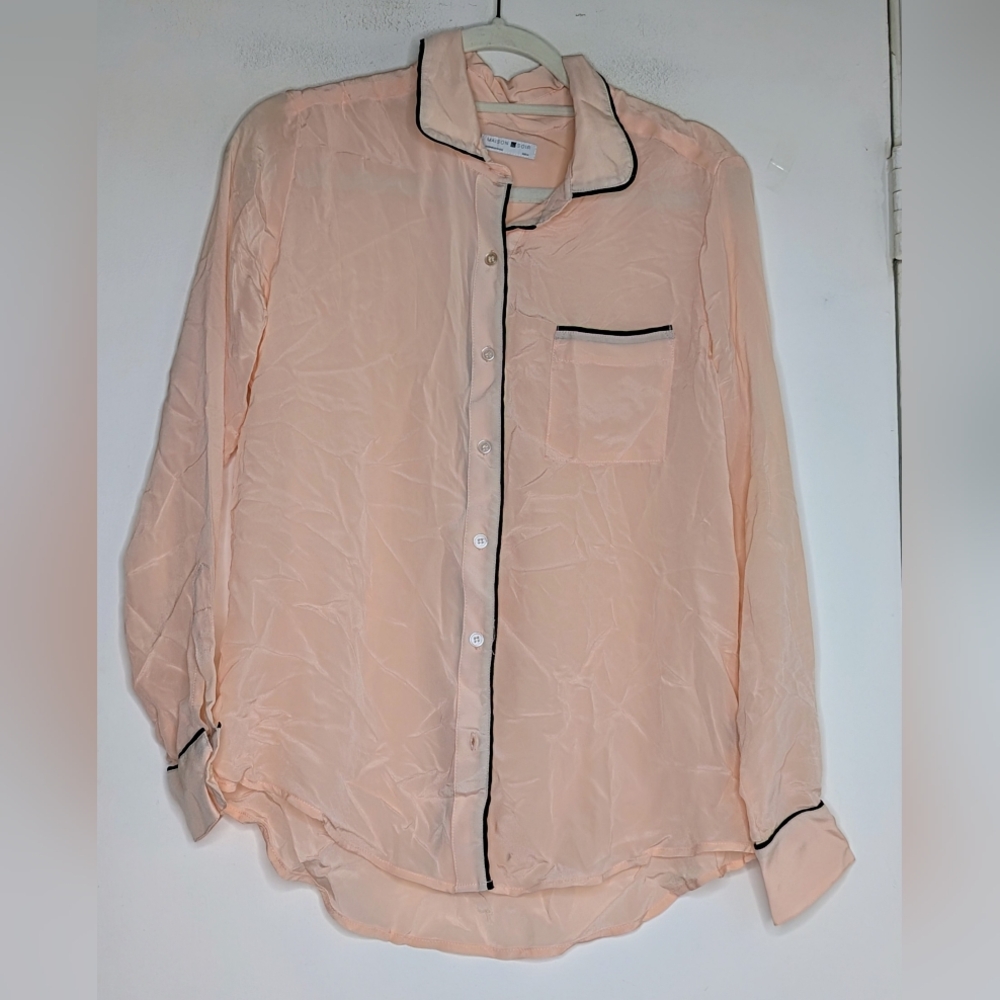 Madison du Soir • Silk Sophia Pajama Top in Pink w/ Black Piping Size Medium
